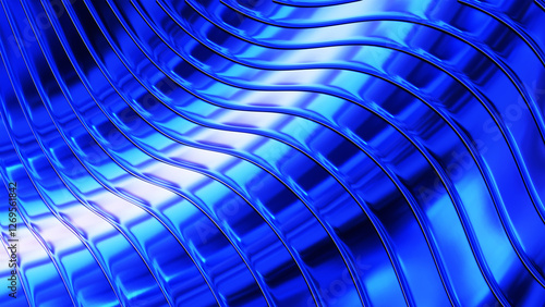 Fototapeta Naklejka Na Ścianę i Meble -  Blue striped pattern background, 3d lines design, lustrous metallic waves background.