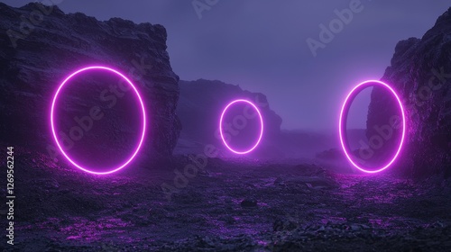 Newly Discovered Exoplanet with Distant Purple Glowing Rings at Twilight