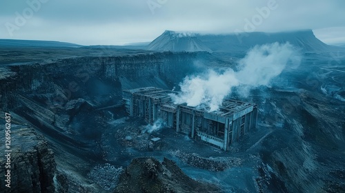 Massive Mechanical Factory Rising from Rocky Landscape in Dramatic Gloom