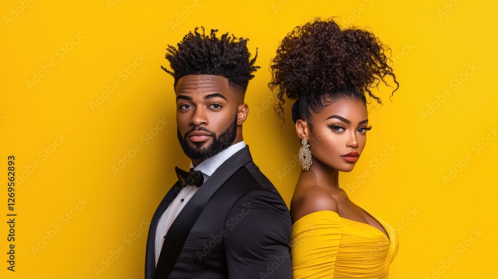 Stylish couple posing against a vibrant yellow background. Stylish couple posing against a vibrant yellow background.