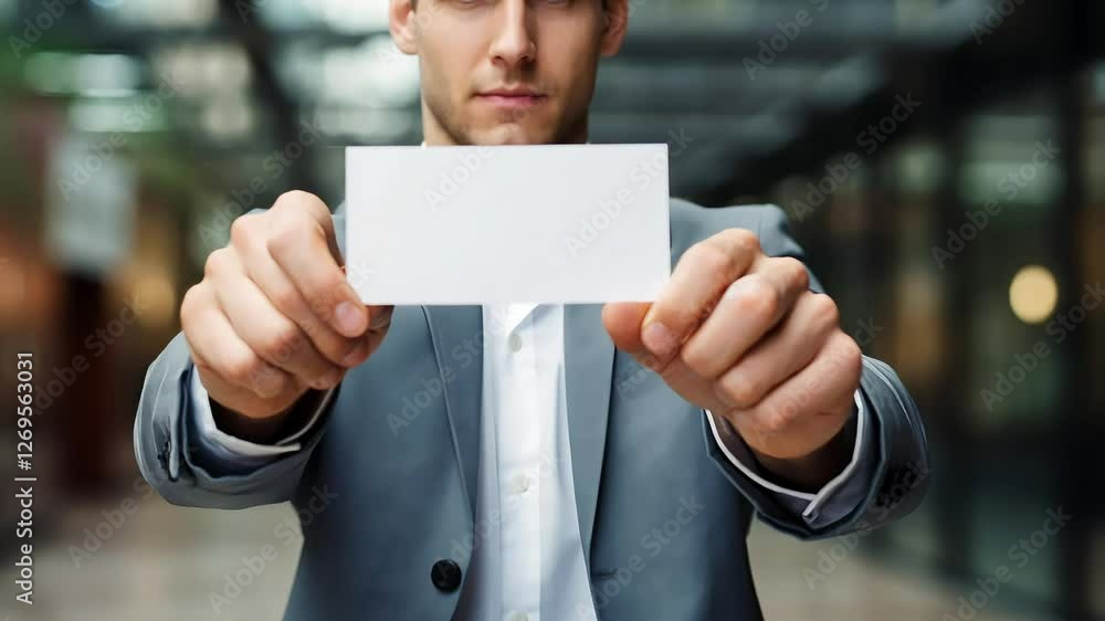 Man in a suit holds a white card in the hand, concept of business plan Man in a suit holds a white card in the hand, concept of business plan