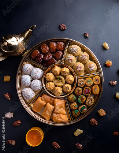 Top-down view of a tray with assorted Ramadan desserts, clean composition