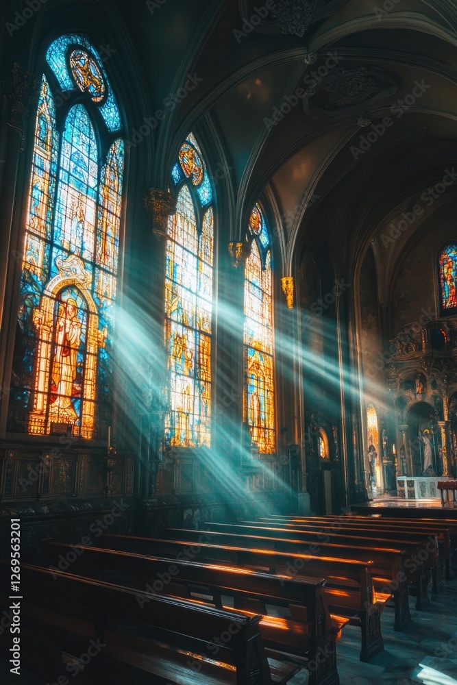 Obraz premium Church interior with wooden pews and stained glass