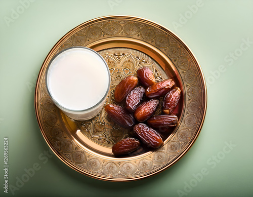 A top-down view of a traditional Ramadan table setting with a glass of milk and dates, elega