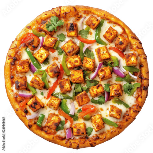 Paneer Pizza Delight:  A mouthwatering close-up of a perfectly baked pizza with a generous topping of paneer cheese, bell peppers, onions, and fresh cilantro.