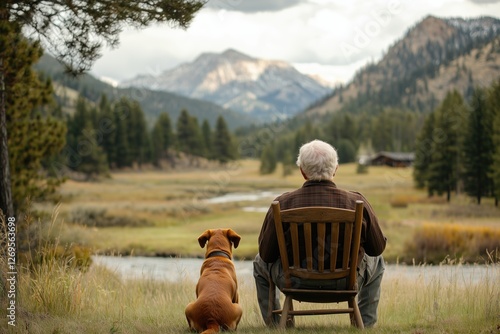 Retired old man sitting on a wooden chair next to his boxer dog, looking towards a beautiful landscape.
