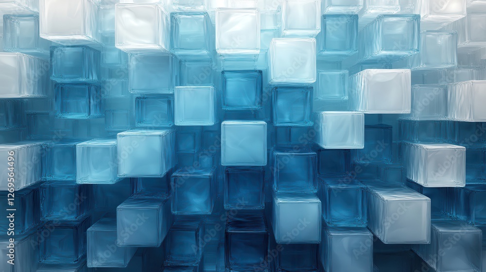 Abstract geometric background with translucent cubes in cascading arrangement resembling flowing water Abstract geometric background with translucent cubes in cascading arrangement resembling flowing water