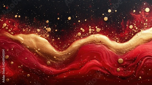 Abstract artwork featuring flowing red and gold textures against a dark background.