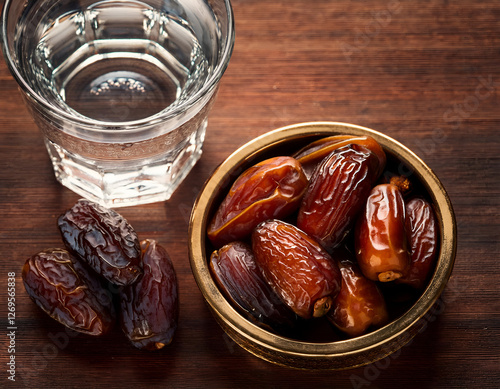 Iftar table with dates and water, top-down close-up shot
