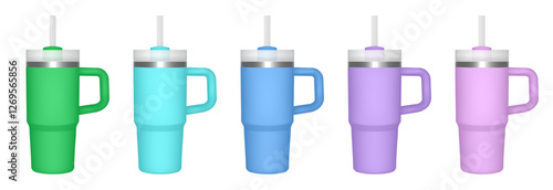 Thermo cup with handle and straw. 14 oz. 3d mockup of a travel thermos. Set of green, blue, purple and pink mugs. Tumbler template. White lid.