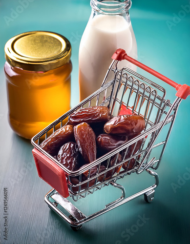 Shopping cart filled with Ramadan essentials (dates, milk, honey), close-up