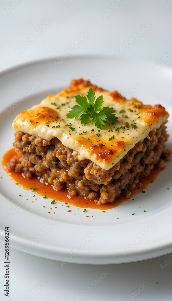 Greek potato, Bringle, and meat casserole with cheese - moussaka on a plate Greek potato, Bringle, and meat casserole with cheese - moussaka on a plate