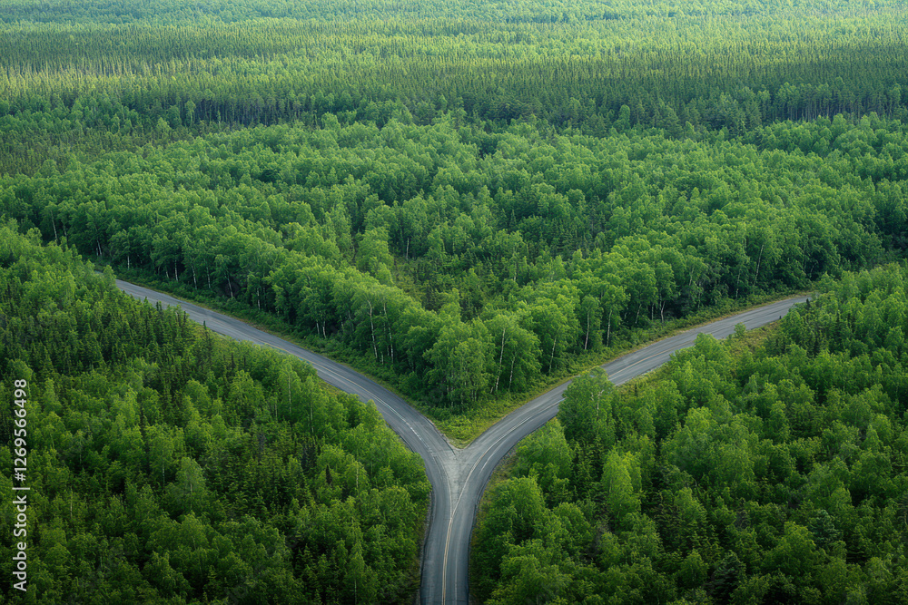 Aerial view of a crossroad in a forest. Fork in the road. making the right choice Aerial view of a crossroad in a forest. Fork in the road. making the right choice
