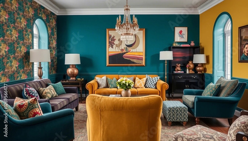 Elegant living room design featuring bold colors, intricate wallpaper patterns, eclectic furniture, and decorative accents. Sunlight illuminates this sophisticated space filled with style and characte photo