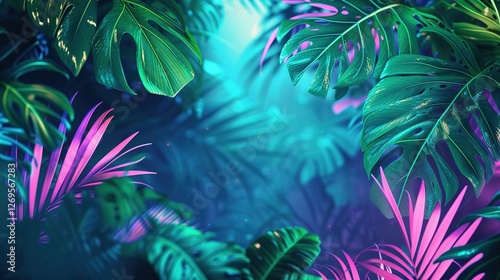Wallpaper Mural Vibrant Green and Blue Neon Lights with Tropical Leaves: A Fusion of Glowing Foliage and Futuristic Botanicals for Modern Design, Neon Art Installations, and Tropical-Themed Branding with Lush Greener Torontodigital.ca