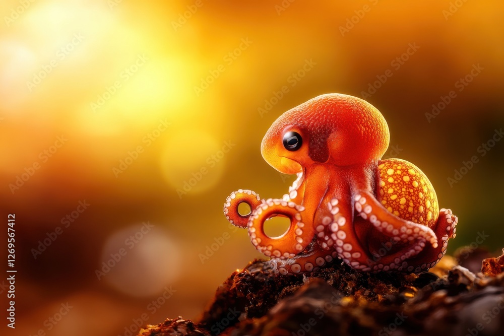 Fototapeta premium A vibrant orange octopus sits gracefully, showcasing its intricate patterns and lively personality against a warm, glowing background.