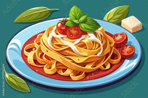  vector of tagliatelle pasta with tomato parmesan basil sauce