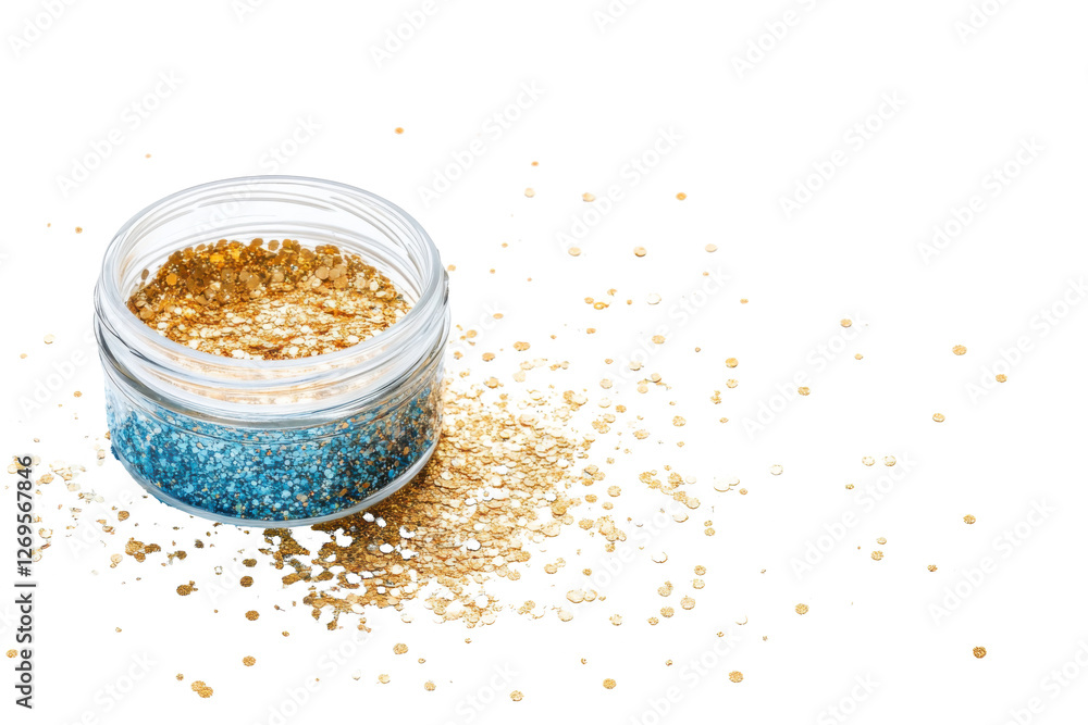 Sparkling jar of loose glitter in gold and silver on a bright white background Sparkling jar of loose glitter in gold and silver on a bright white background