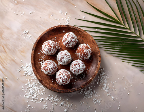 Energy balls made from dates and coconut, neatly arranged