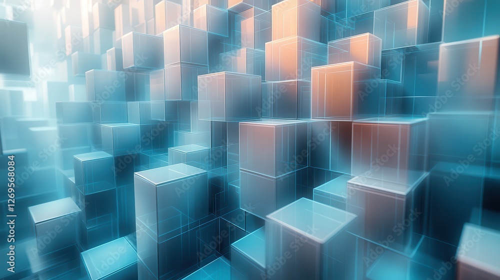 Cubic geometric abstraction with a flowing waterfall effect in various shades of blue and white Cubic geometric abstraction with a flowing waterfall effect in various shades of blue and white