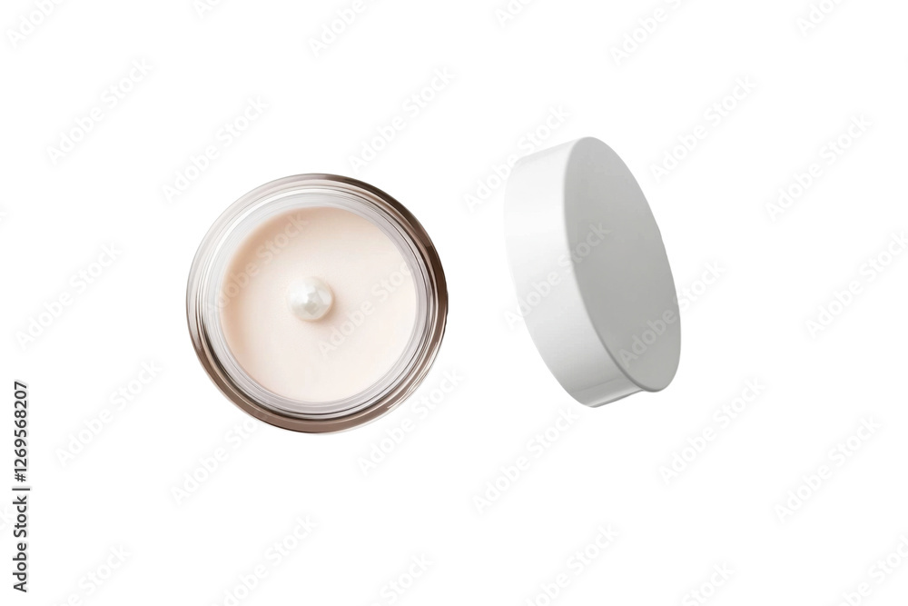 Luxurious eye cream jar with pearl sized product on lid isolated against white background Luxurious eye cream jar with pearl sized product on lid isolated against white background