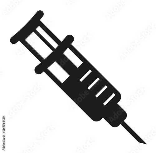 A black and white icon of a syringe symbolizing medical injections vaccinations anesthesia and healthcare treatments.