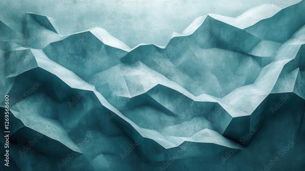 Obraz premium Abstract geometric design featuring angular shapes in teal and gray resembling an underwater canyon with intricate shadows and textures