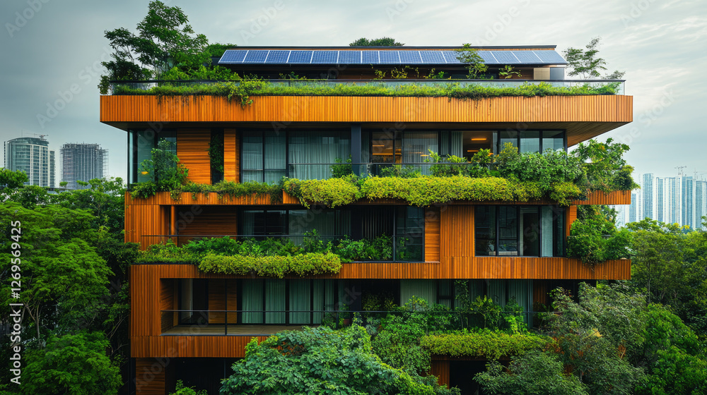 Eco Friendly Apartment Building with Lush Green Roofs and Solar Panels Showcasing Sustainable Architecture Eco Friendly Apartment Building with Lush Green Roofs and Solar Panels Showcasing Sustainable Architecture