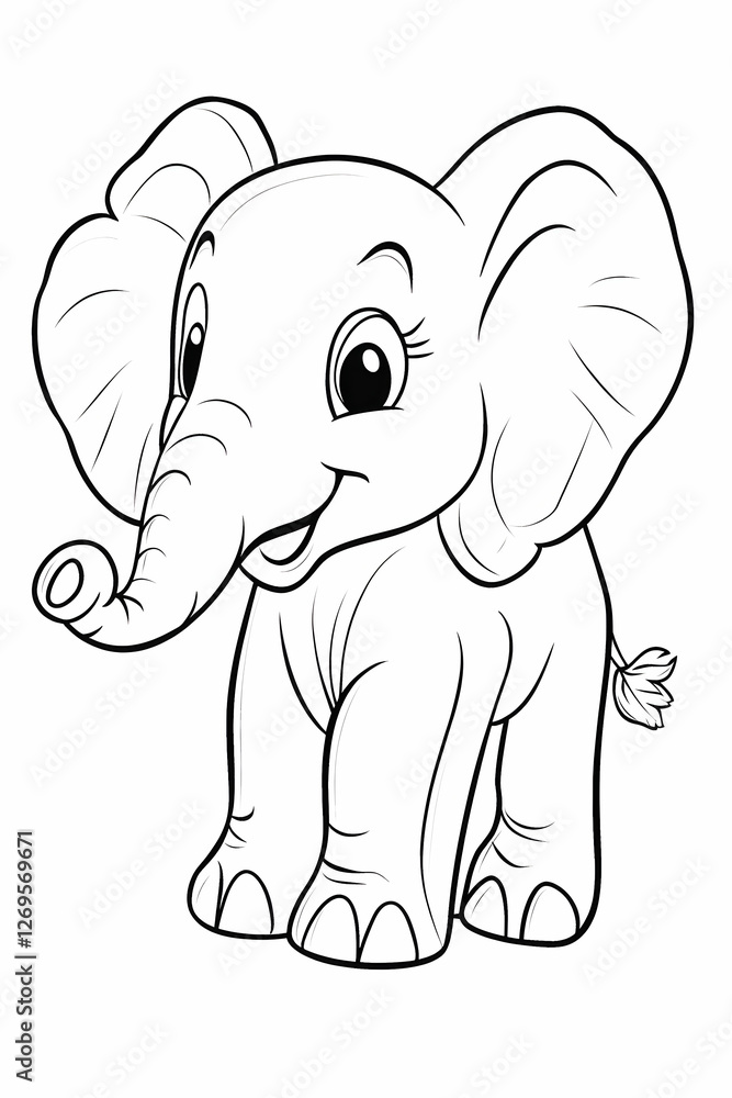 Naklejka premium Cute Cartoon Elephant Standing with a Happy Smile in Black and White