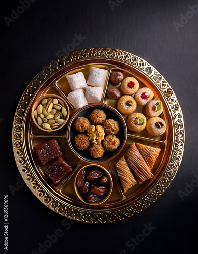 Top-down view of a tray with assorted Ramadan desserts, clean composition