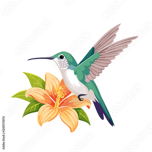 Vibrant hummingbird hovering near a blooming flower
