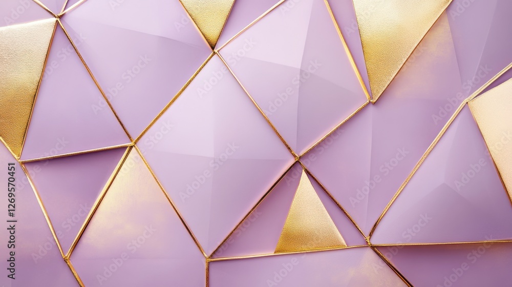 Dynamic Gold Foil Triangles on Soft Lavender Background, Abstract Design, Digital Art, Modern Aesthetic, Close-up View Dynamic Gold Foil Triangles on Soft Lavender Background, Abstract Design, Digital Art, Modern Aesthetic, Close-up View