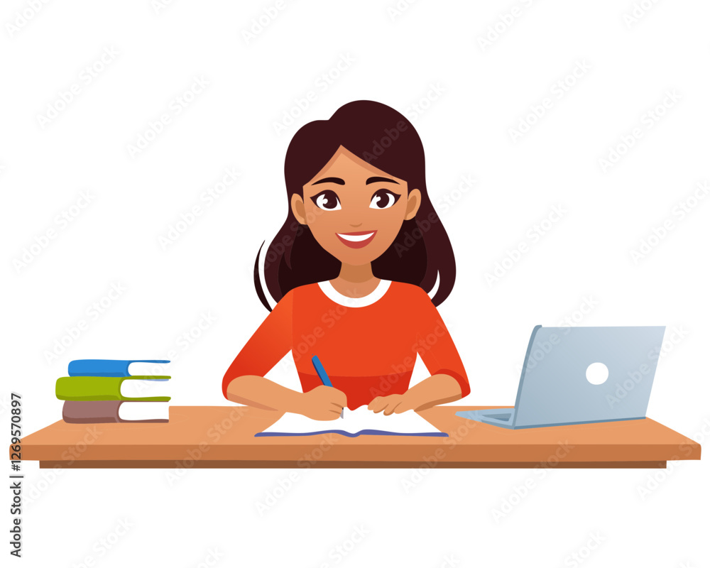 Cartoon vector illustration of woman working at her desk, Writing Cartoon vector illustration of woman working at her desk, Writing