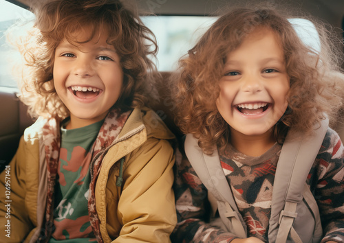 The kids are sitting in the car and smiling	
