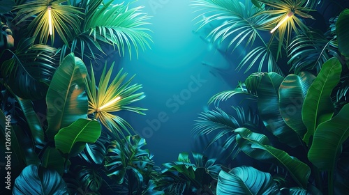 Wallpaper Mural Vibrant Green and Blue Neon Lights with Tropical Leaves: A Fusion of Glowing Foliage and Futuristic Botanicals for Modern Design, Neon Art Installations, and Tropical-Themed Branding with Lush Greener Torontodigital.ca