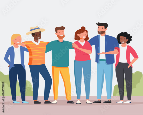 Group of abstract diverse people. Friends or coworkers are standing, hugging, posing together.
