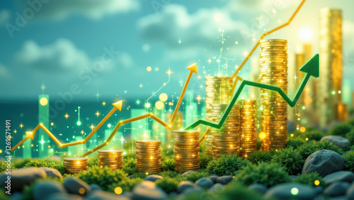 Financial growth illustrated with rising arrows of money over green landscape.