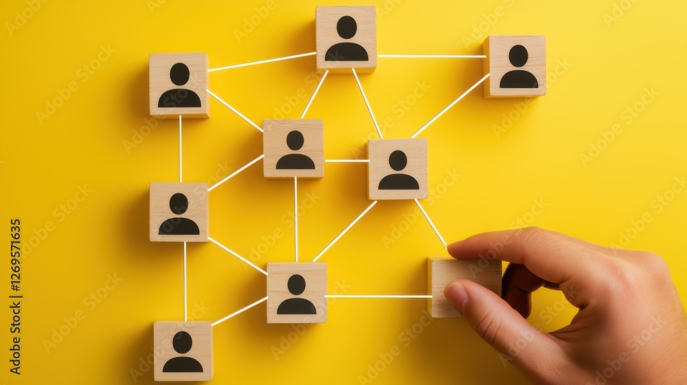 Connecting individuals through networking using wooden blocks on a bright yellow background Connecting individuals through networking using wooden blocks on a bright yellow background