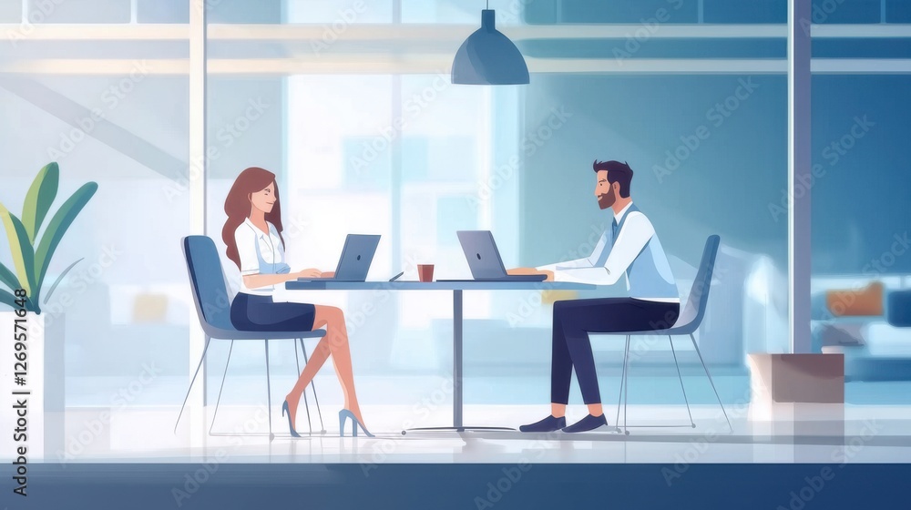 Business meeting between two professionals in a modern office setting during daylight hours Business meeting between two professionals in a modern office setting during daylight hours