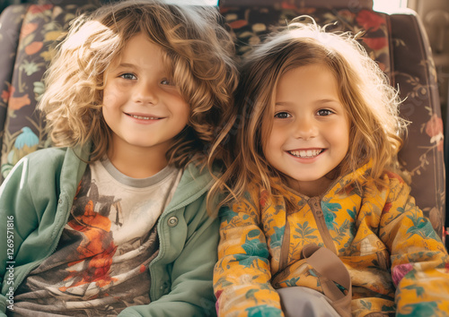 The kids are sitting in the car and smiling	
