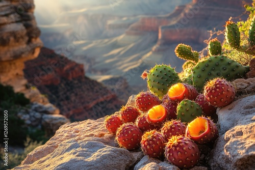 Sunset over Grand Canyon with prickly pear cacti, showcasing vibrant colors and textures of the desert landscape. photo