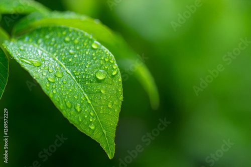 Obraz na płótnie green leaf with water drops and copyspace w salonie