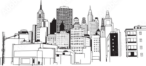 City landscape. Different buildings on street, outline cityscape hand sketch, flat houses. Hand drawn vector illustration