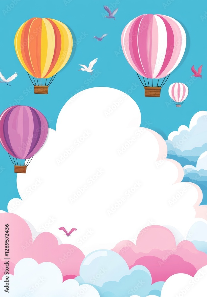 Colorful hot air balloons in sky with clouds; kids' illustration Colorful hot air balloons in sky with clouds; kids' illustration