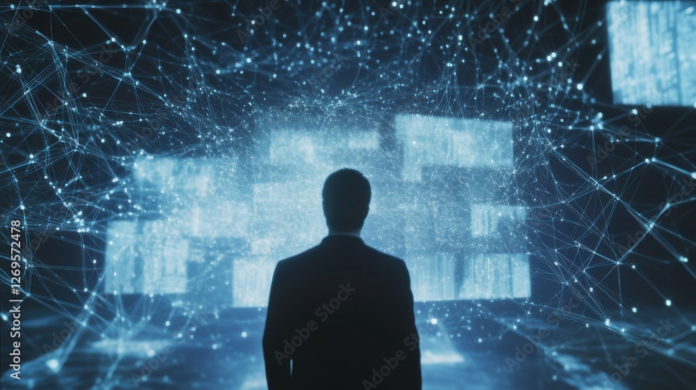 Man observing a digital display surrounded by interconnected data streams in a futuristic setting Man observing a digital display surrounded by interconnected data streams in a futuristic setting