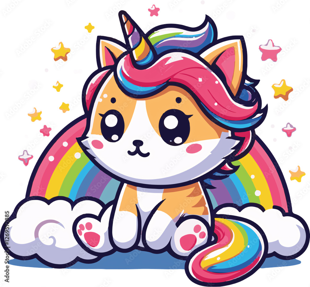 Fototapeta premium Rainbow Kittycorn: An adorable cartoon kitten with a unicorn horn and rainbow mane sits on a cloud above a rainbow, surrounded by twinkling stars.