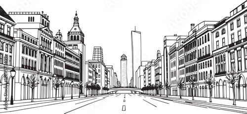 City landscape. Different buildings on street, outline cityscape hand sketch, flat houses. Hand drawn vector illustration