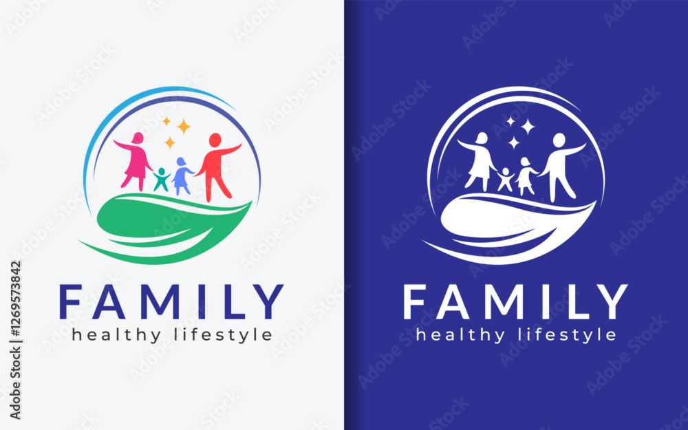 Fototapeta premium Happy Colorful Family Combined with Green Leaf Logo Symbol Design. Representing Love, Care and Healthy Family Lifestyle,