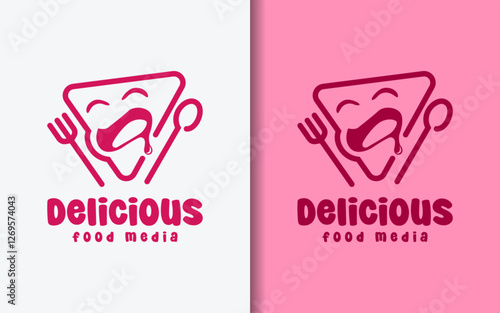 Food Media Logo. Play Media Button with Fun Character Combined with Spoon and Fork.