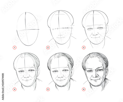 Pencil drawing lessons. Page shows how to learn to draw a sketch of imaginary portrait of young man. Educational tutorial for artists. Development of artistic skills. Hand drawn vector illustration.